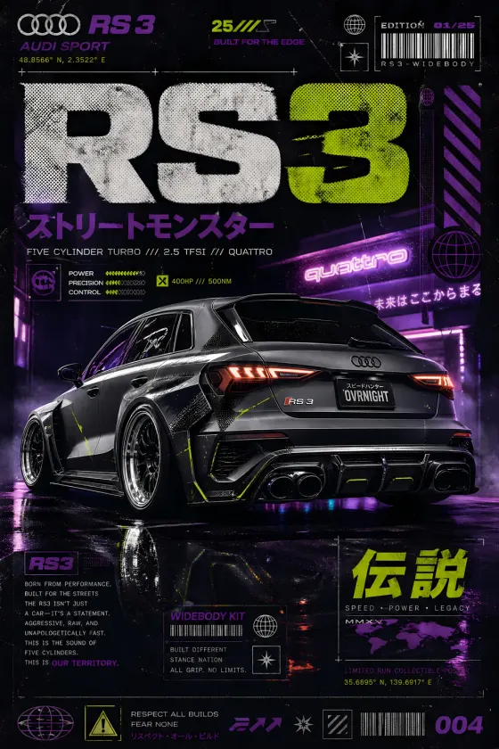 Audi RS3 rear 3/4 view poster on black background with neon purple and lime green accents. Widebody kit, five-cylinder turbo spec box, Japanese text, coordinate grid overlay, and 'OVERTIGHT' license plate visible.