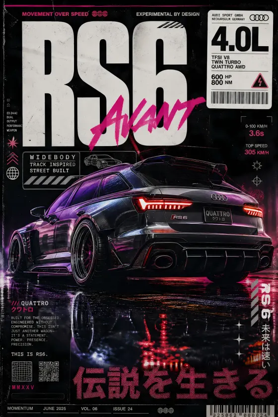 Audi RS6 Avant rear view on glossy black background with neon purple and red lighting effects. Widebody kit, quad exhaust, rear spoiler, spec sheet text, kanji, barcode, performance stats visible.