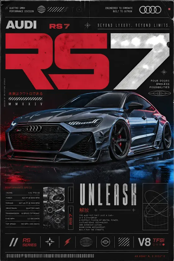 A dark grey Audi RS7 widebody coupe on a wet, reflective asphalt background. The poster features large red 'RS' lettering, technical performance specs including 4.0L V8 engine details, Japanese and Chinese text overlays, and an engine diagram next to