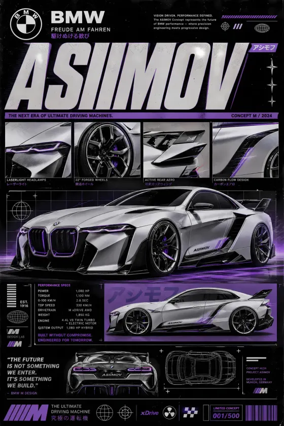 A futuristic BMW M Concept Asiimov poster featuring a silver sports car with purple accents. The image includes detailed shots of the headlamps, wheels, and rear aero, along with performance specs and chassis wireframes.