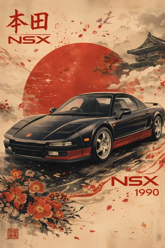 A black Honda NSX supercar with red side accents is featured against a large textured red sun and cream background. Traditional Japanese cherry blossoms fall around the car, with a pagoda silhouette in the upper right corner.