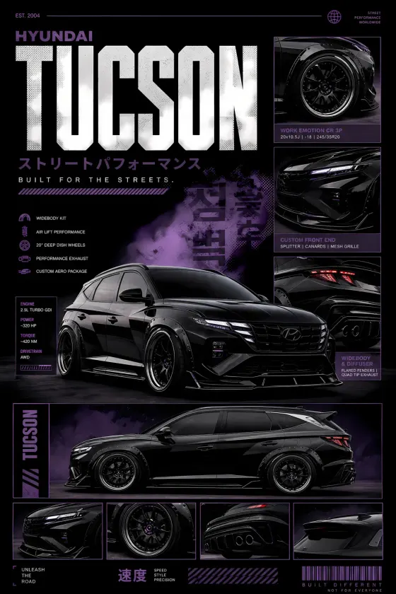 A detailed spec-sheet poster for a black modified Hyundai Tucson. The car is shown in a widebody kit with deep dish wheels, set against a dark background with purple lighting accents and Japanese text overlays.