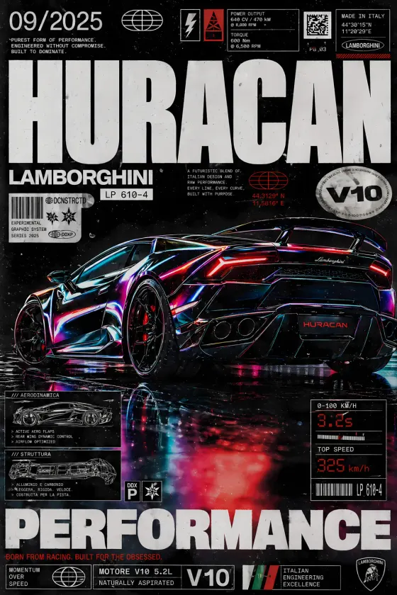 Lamborghini Huracan LP 610-4 rear 3/4 view poster. Neon-lit car with active aero flaps, V10 engine badge, performance stats (0-100 km/h), chassis diagram, Italian flag strip.