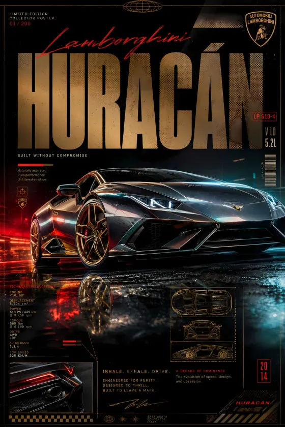 A Lamborghini Huracan LP 610-4 supercar in dark metallic paint with gold wheels, set against a black background. The poster features large gold text reading 'Lamborghini HURACAN', technical specification tables including engine displacement and power