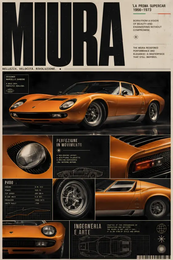 Lamborghini Miura P400 poster showing an orange classic car on a black background with Italian text headers, engine spec table, chassis diagrams, and close-up detail shots of the headlight, wheel, rear light, and side profile.