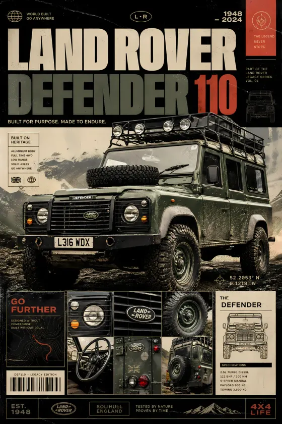 A vintage magazine-style poster of an olive green Land Rover Defender 110 with a roof rack and spare tire on the hood, set against a mountainous background. The layout includes inset detail shots of the grille, steering wheel, and rear view, along