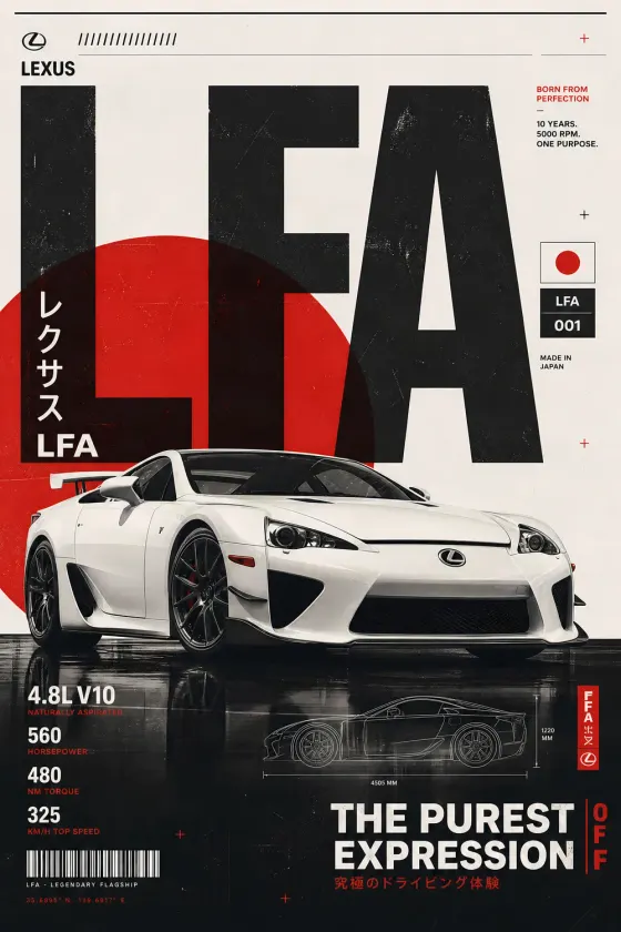 A white Lexus LFA supercar sits on a reflective black floor. The poster features large black and red typography spelling 'LFA' with Japanese text, technical line drawings of the car chassis, and engine specifications including 4.8L V10 naturally