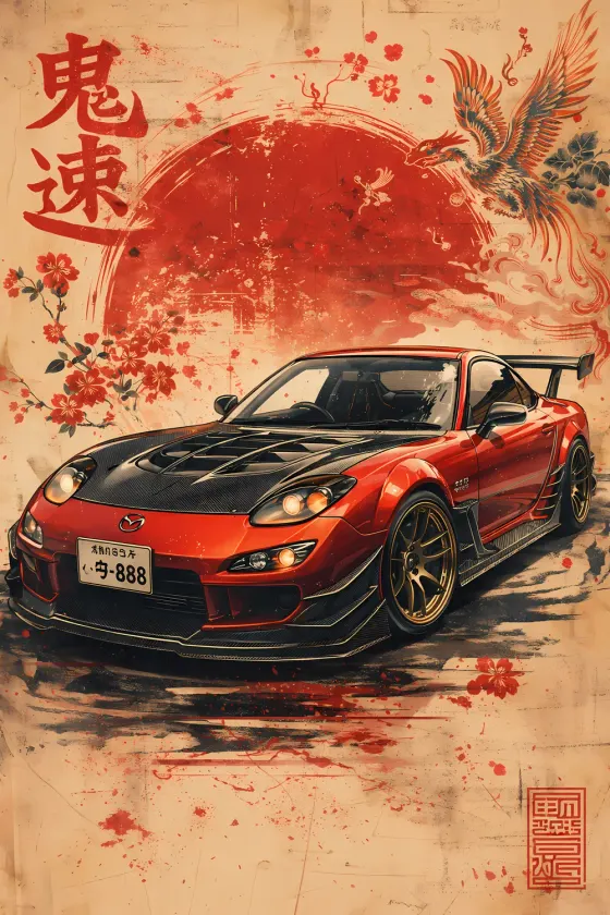 A vintage-style poster of a red Mazda RX-7 FD3S with a black carbon-fiber hood and gold wheels. The background features a large textured red sun, a phoenix bird in flight, cherry blossom branches, and Japanese kanji text reading 'Oni Soku' (Ghost