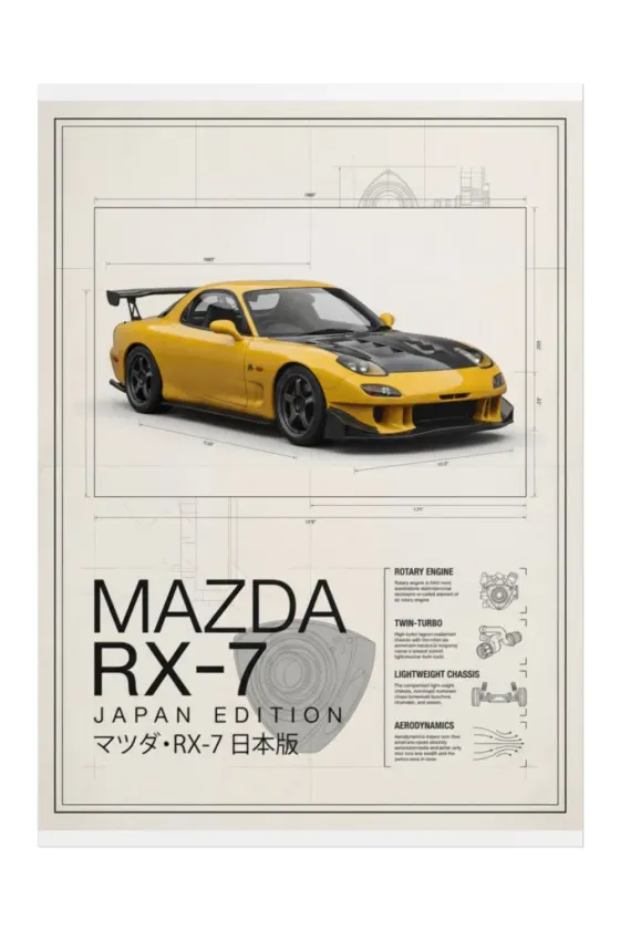 Mazda RX-7 sports car in yellow with black hood and rear wing, displayed on a technical blueprint background featuring engineering schematics including rotary engine diagram, twin-turbo layout, chassis structure, and aerodynamic airflow lines.