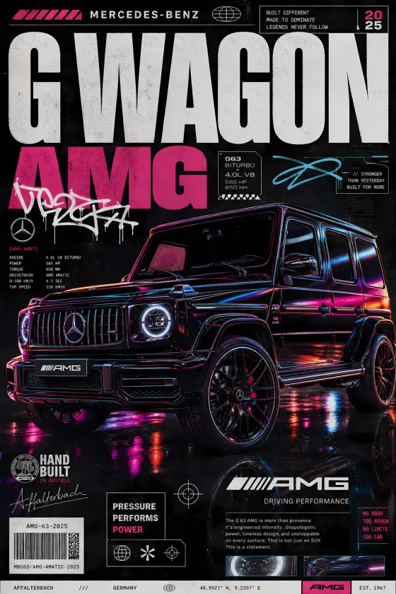 Mercedes-Benz G63 AMG black SUV in neon pink and cyan lighting on wet pavement background, with graffiti tag, V8 biturbo specs box, hand-built Austria seal, pressure performs power block, AMG driving performance text, and barcode label.
