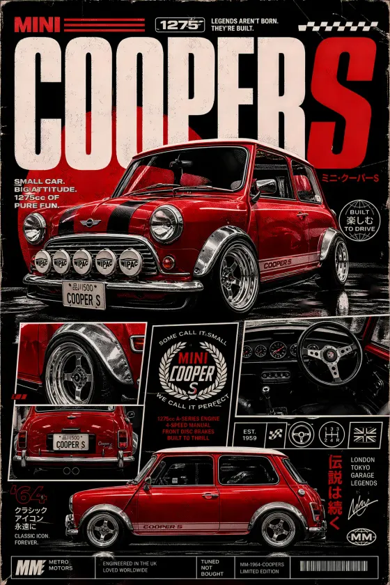 A red Mini Cooper S with black racing stripes and chrome wheels is the focal point of this poster. The layout mimics a magazine spec sheet, featuring inset photos of the rear wheel arch, interior dashboard, and rear bumper against a black background