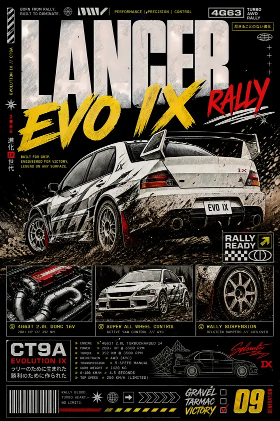 Mitsubishi Lancer Evo IX rally car poster with black background. White and yellow text headline 'LANCER EVO IX RALLY' at top. Car is white with mud splatter, rear 3/4 view. Below are three panels showing engine bay, front view, and wheel close-up.