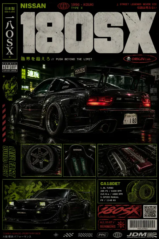 Nissan 180SX rear/side view in glossy black with neon green accents, inset wheel/seat/engine photos, front view at bottom, and CA18DET turbo engine specs on right panel