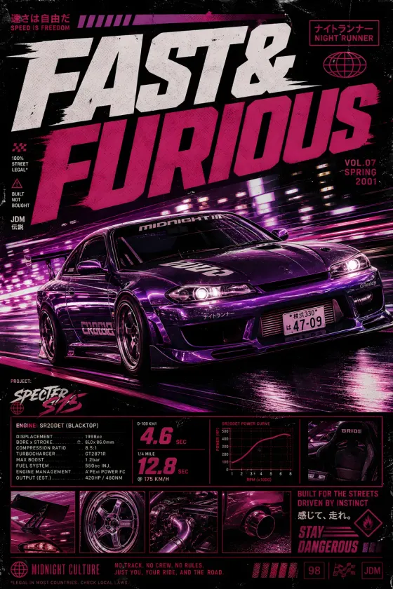 A purple Nissan Silvia S15 drift car poster with neon city lights background. The poster features a 'Fast & Furious' headline, Japanese license plate, and spec box detailing the SR20DET engine.