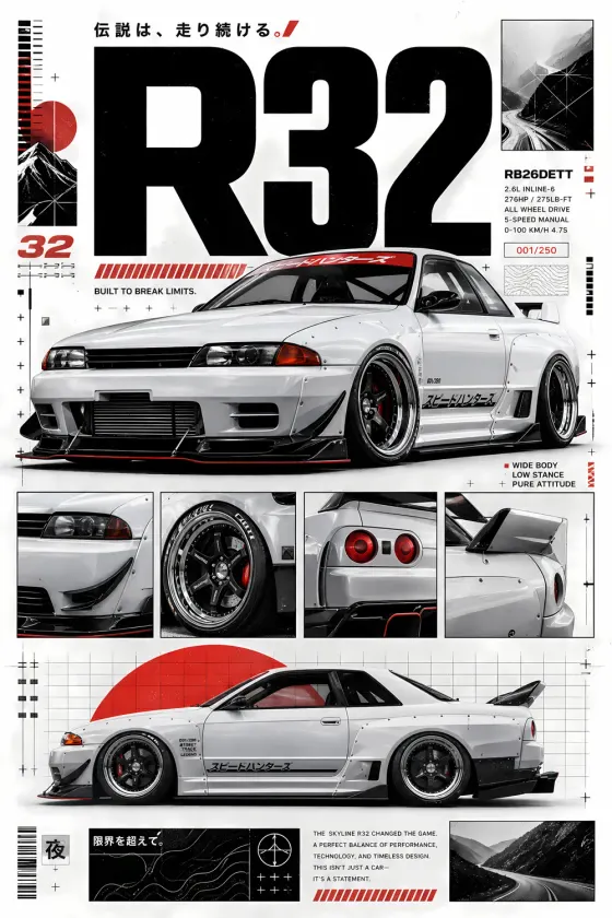 White Nissan Skyline R32 Liberty Walk with wide body kit and red brake calipers, set against white background with large black R32 typography, Japanese text elements, grid lines, rising sun graphic, and detailed close-up panels showing wheels, rear