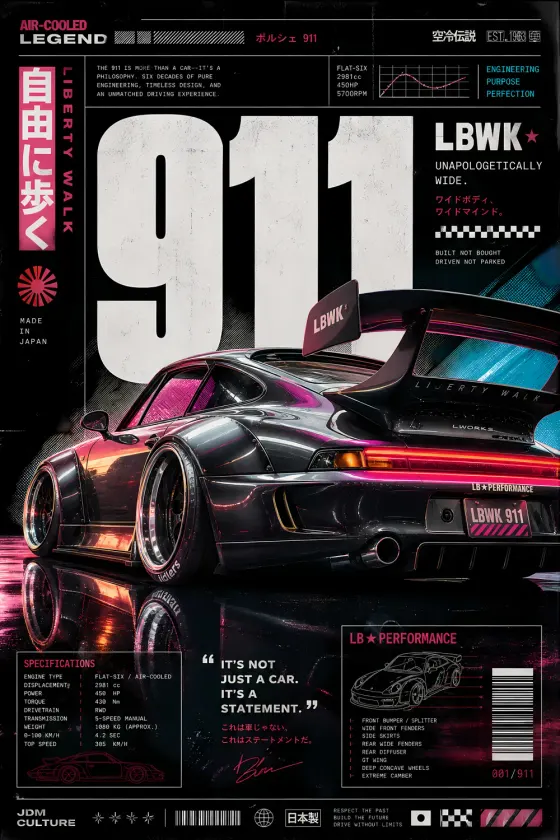 A matte black Porsche 911 Liberty Walk widebody is shown from the rear three-quarter view on a glossy, dark wet floor. The background features large white '911' typography, neon pink and blue lighting effects, Japanese text headlines, and technical