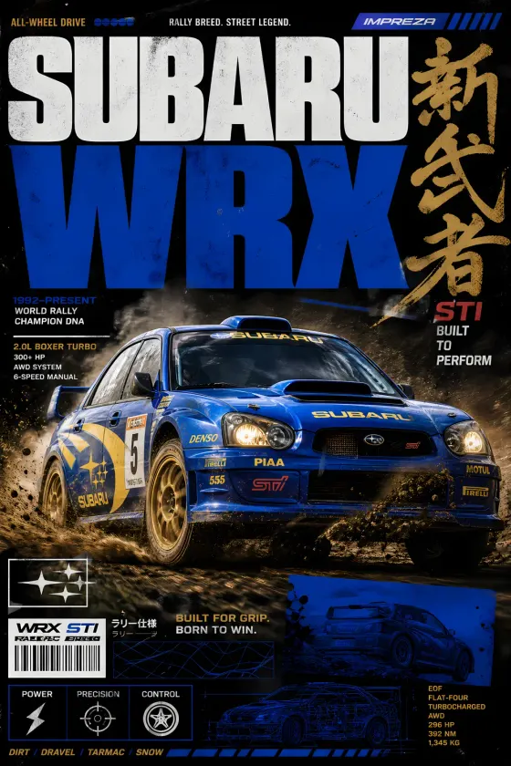 A blue Subaru WRX STI rally car splashing through mud on a rally stage. The poster features large white and blue text reading 'SUBARU' and 'WRX', Japanese kanji calligraphy, sponsor logos like DENSO and PIAA, a number 5 racing plate, and blue