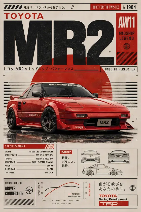 A red Toyota MR2 sports car poster with bold black typography, Japanese text headers, and technical spec-sheet layout including chassis diagrams, power/torque graphs, and engine details. Background features a large red sun motif and wet road