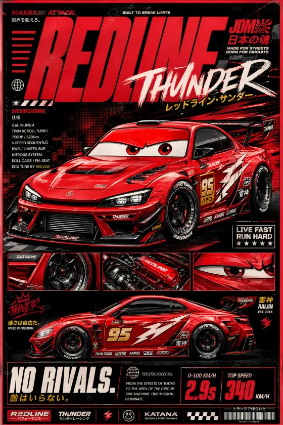 A red Toyota Supra A90 with anime eyes and drift modifications, featuring a 2.6l inline-4 turbo engine drawing, nitrous system specs, roll cage interior, and 0-100km/h 2.9s stat box.