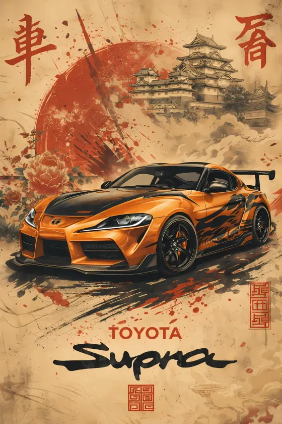 An orange Toyota Supra A90 with black tiger stripes and a hood vent is the central subject. The background features a traditional Japanese ink wash style with a large red sun, Himeji Castle silhouette, and a blooming peony flower on the left.
